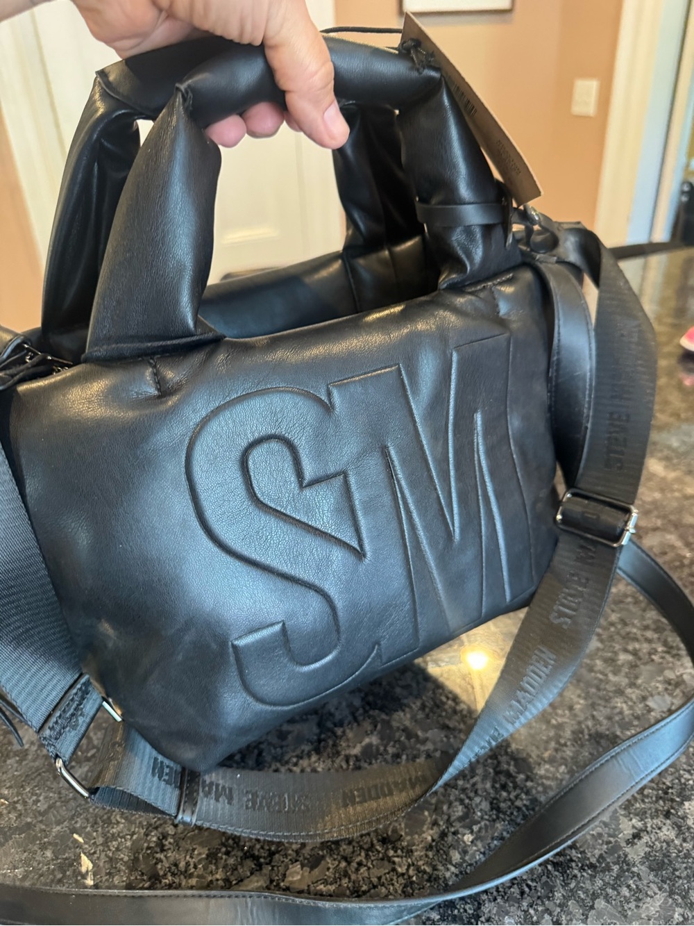 Steve Madden Statement Black Leather Tote Bag with Embossed Logo